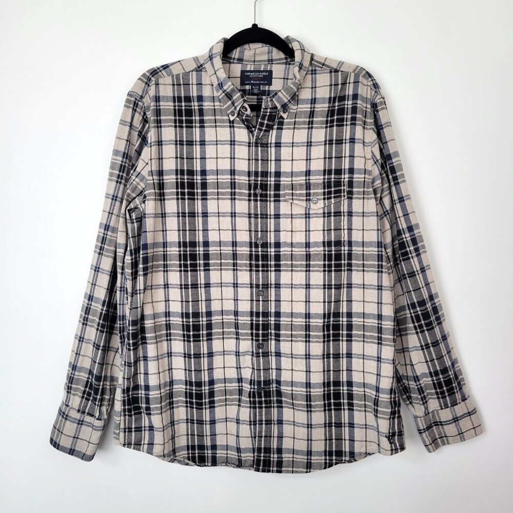 American Eagle Slim Fit Button Down Shirt Plaid Flannel Blue Gray White